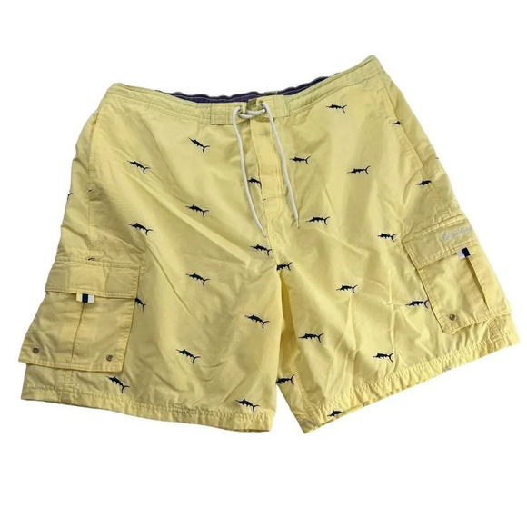 Cremieux Mens Beach Marlin Swim Trunks Yellow‎ Drawstring Cargo Board Shorts 1X - Picture 1 of 8